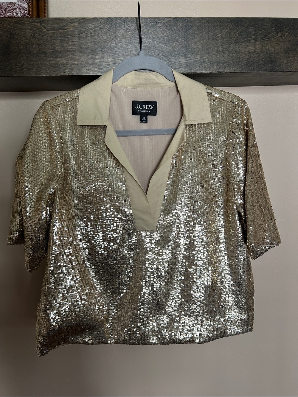 J. Crew Collection Limited Edition Gold Sequin V-neck Collared Shirt